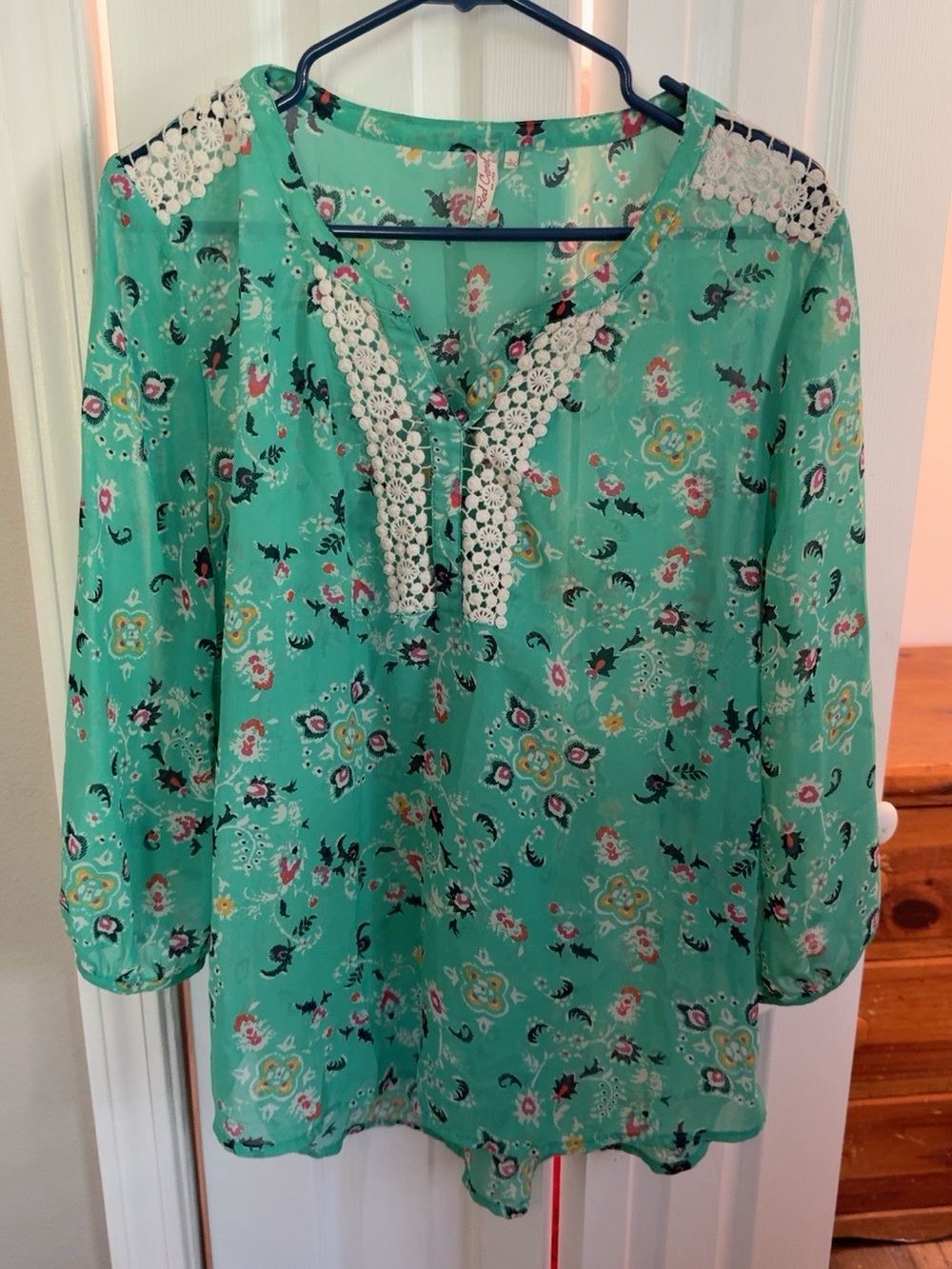 Red Camel Large Aqua Floral Crochet Lace Boho Blouse